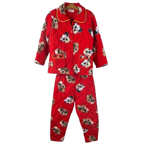 Vintage 60s Kids Pajama Set Size XL Heavy Quilted Dog Print Sleepwear Red Red - Picture 1 of 16